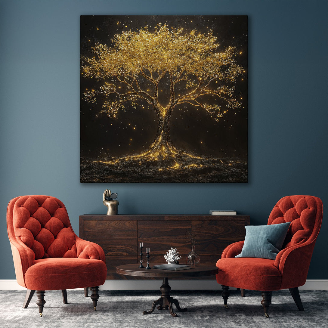 Framed Wall Art: Stunning gold tree art print in a modern living room. Black background with gold accents, adding elegance and warmth to any space.