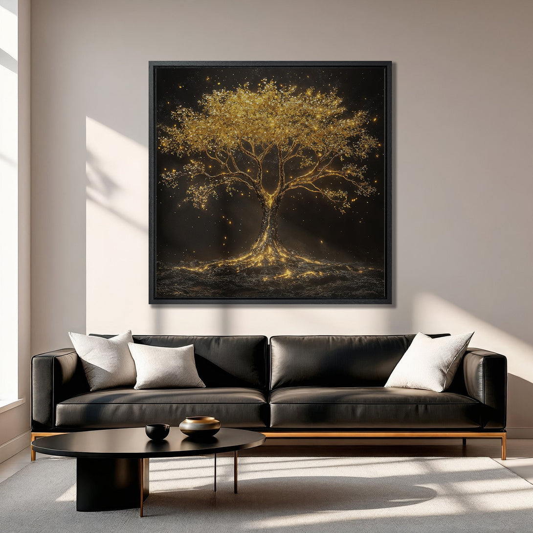 Framed Wall Art: Golden tree canvas print in a modern living room. Black, gold, and neutral color palette. Enhance your home decor!