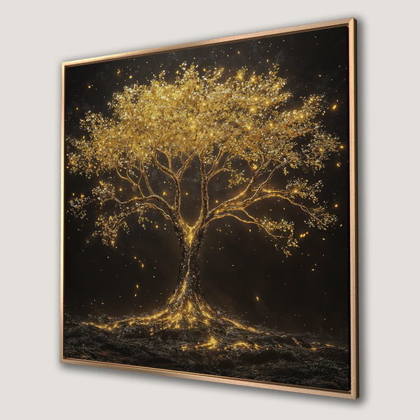 Framed Wall Art: Golden tree against a dark background. Modern, artistic style with a warm gold and black color palette. Perfect for home decor.