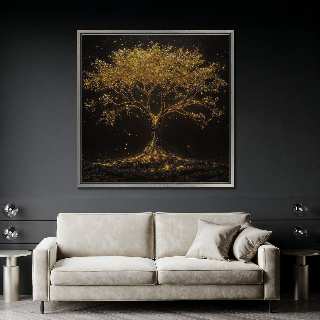 Framed Wall Art: Golden tree canvas print in a modern interior. Dark, moody color palette with gold accents. Perfect for luxury home decor.