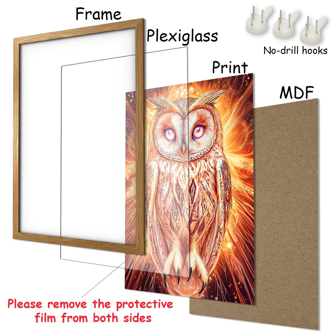Framed Poster featuring a majestic owl in a vibrant, artistic style with a warm orange color palette. Perfect wall art!