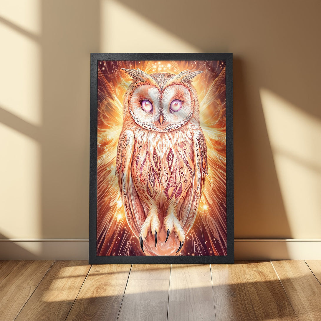 Framed Poster featuring an owl with a glowing, fantasy style in warm orange and gold tones. Perfect wall art!