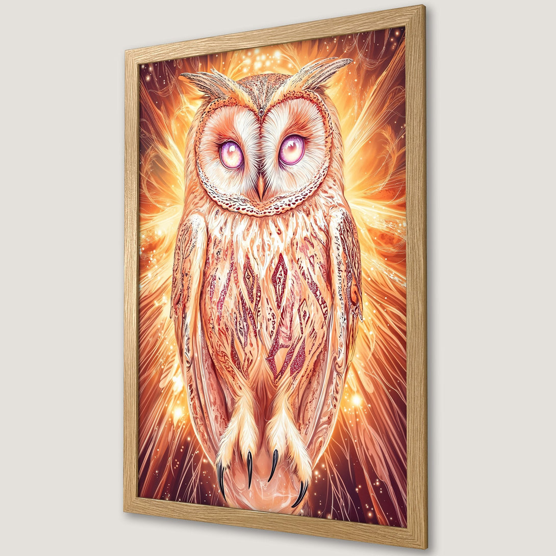 Framed Poster featuring a mystical owl in warm orange and red tones. Stunning art print, perfect for home decor.