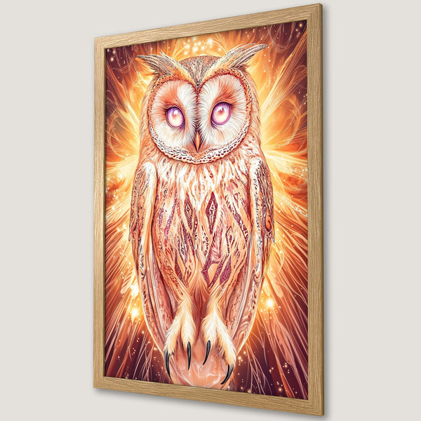 Framed Poster featuring a mystical owl in warm orange and red tones. Stunning art print, perfect for home decor.