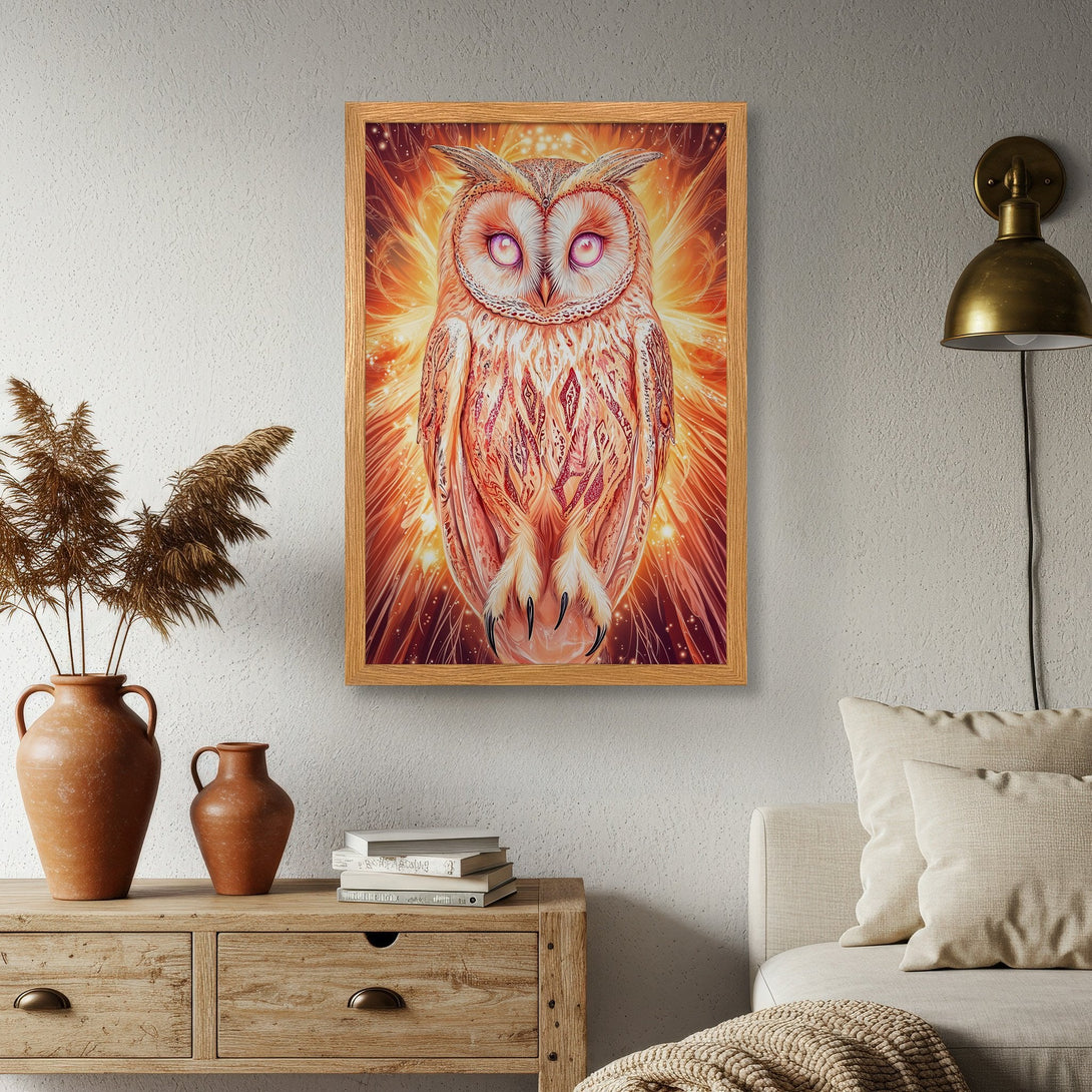 Framed Poster featuring a vibrant owl illustration in warm orange and gold tones. Perfect wall art for a stylish home.