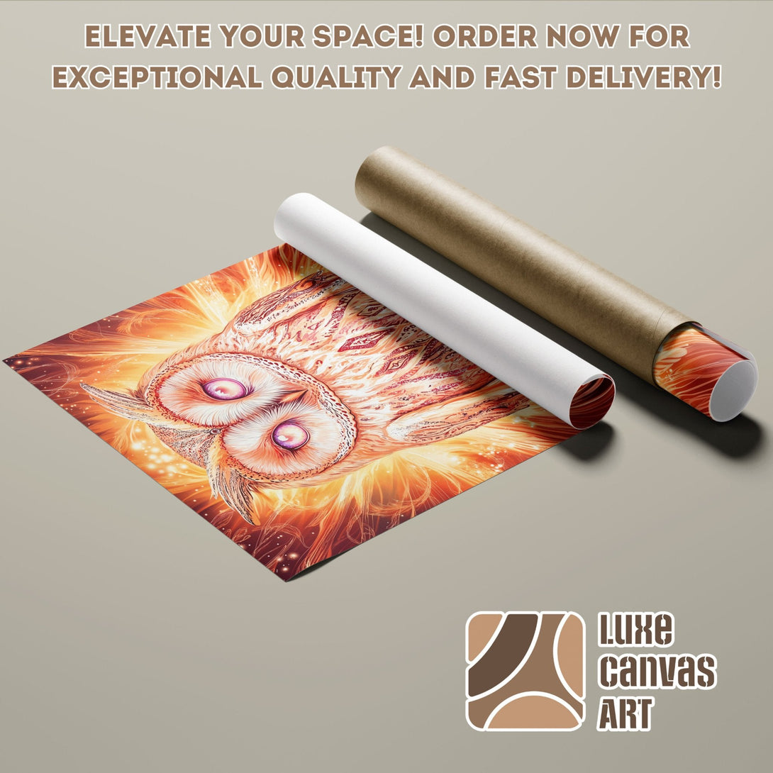 Owl art poster roll in warm orange and brown tones. Perfect wall decor for your home. Shop now!