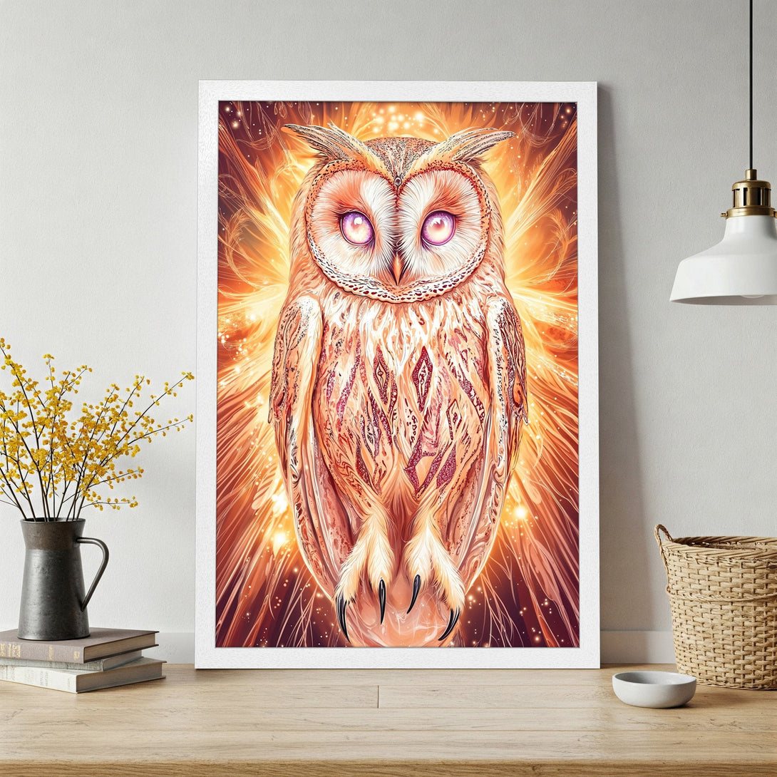Framed Poster featuring a majestic owl illustration. Artistic style with warm orange and gold hues. Perfect wall art for your home!