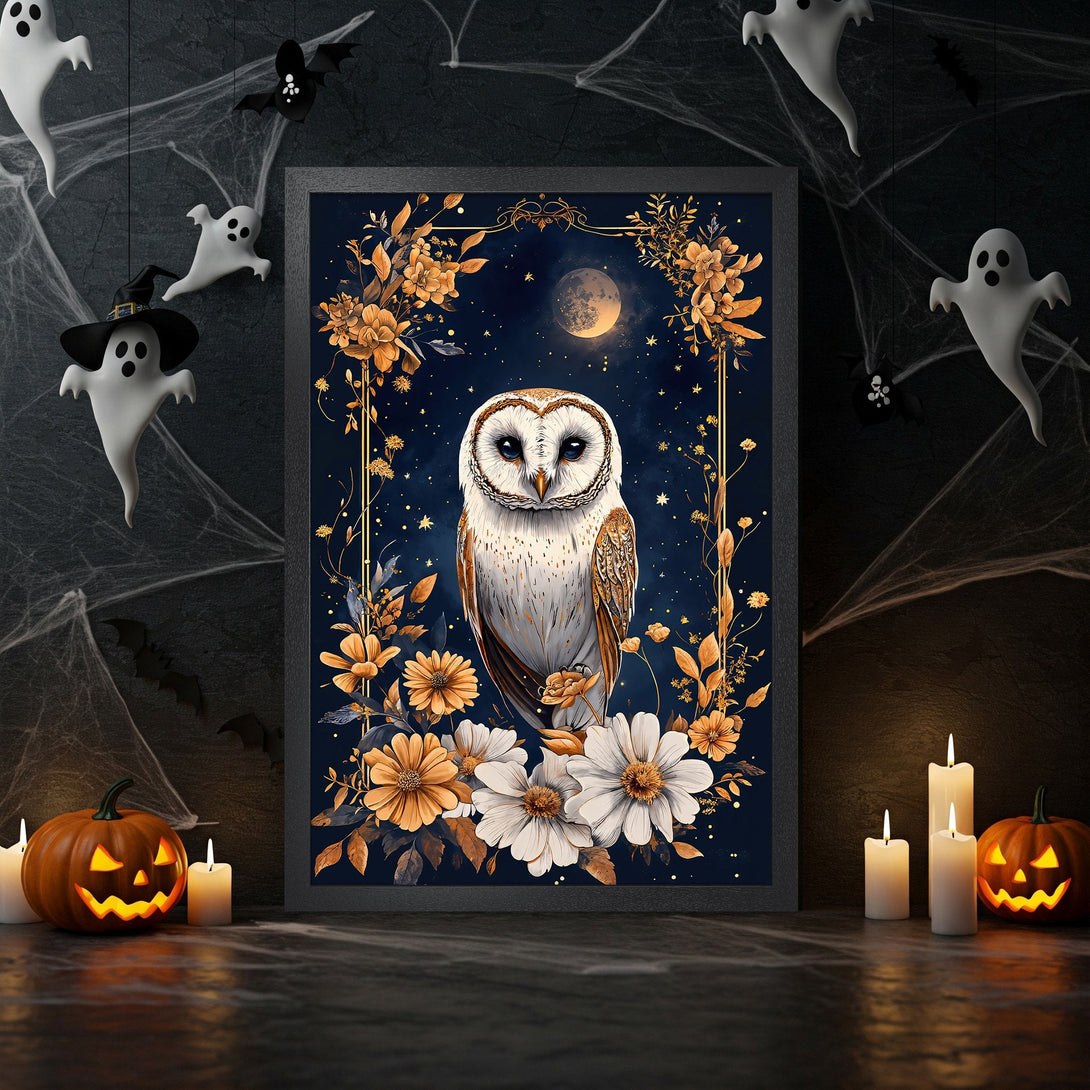 Framed Poster featuring an owl with floral design, Halloween theme, and a dark blue and gold color palette.