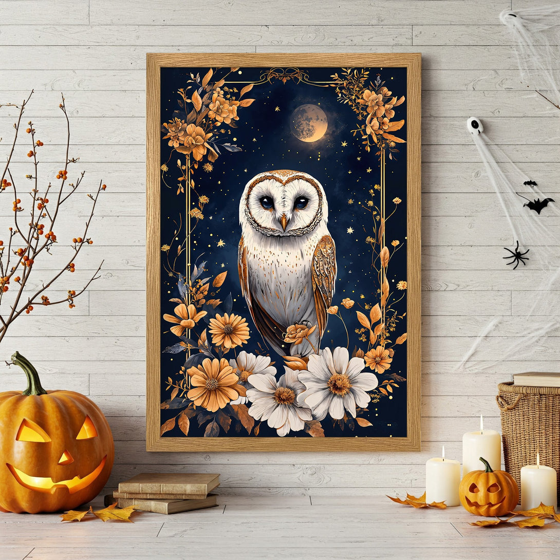 Framed Poster featuring a majestic owl with floral elements, a dark blue background, and a warm gold color palette, perfect Halloween decor.