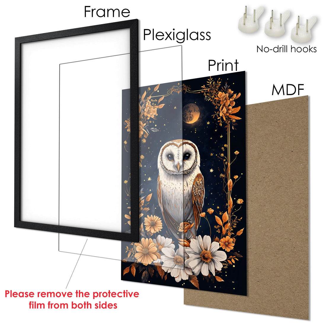 Framed Poster featuring an owl with floral elements, in a dark and gold color palette. Perfect art for your home!