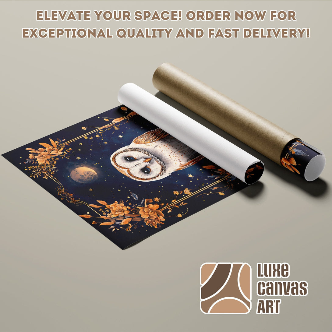 Poster Roll featuring a majestic owl in a celestial, gold and navy color palette. Order now!