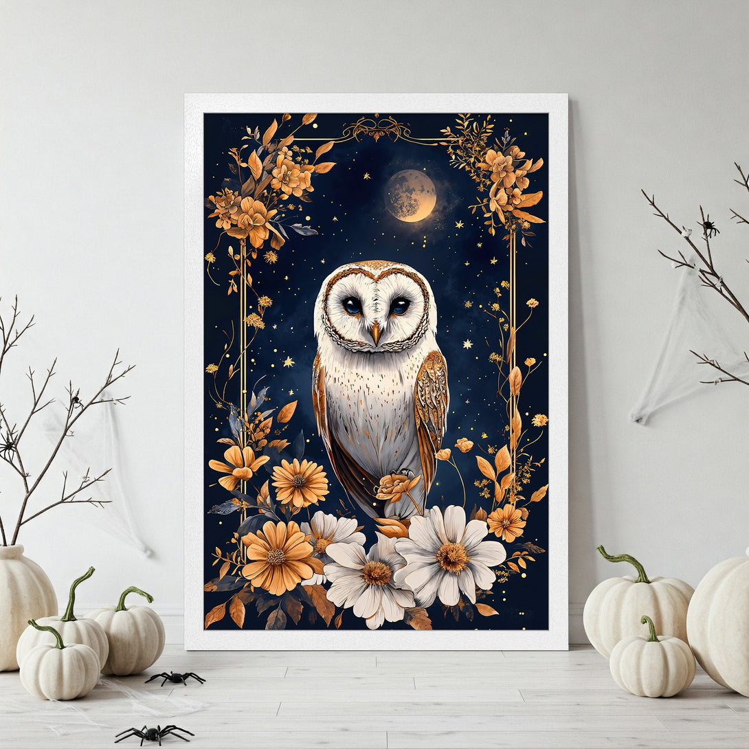 Framed Poster featuring a majestic owl, floral design, and a dark blue and gold color palette. Perfect for Halloween decor!
