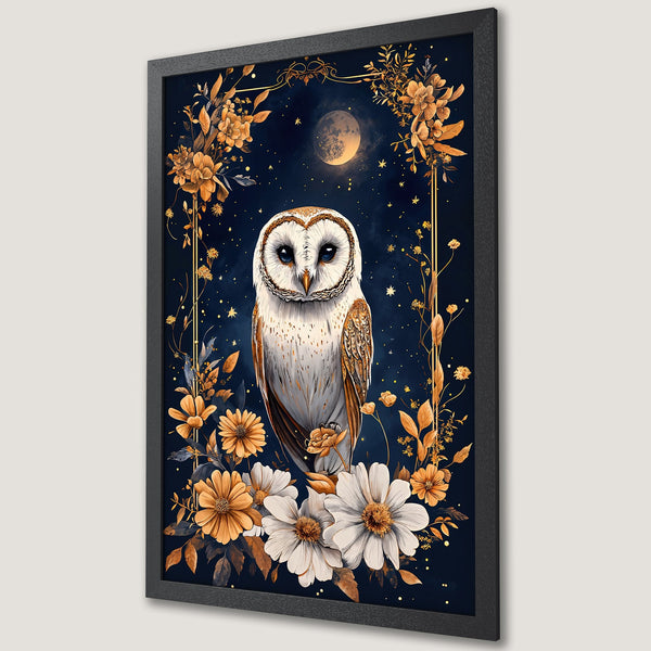 Framed Poster featuring a majestic owl, floral elements, and a celestial night sky. Rich navy and gold color palette. Perfect wall art!