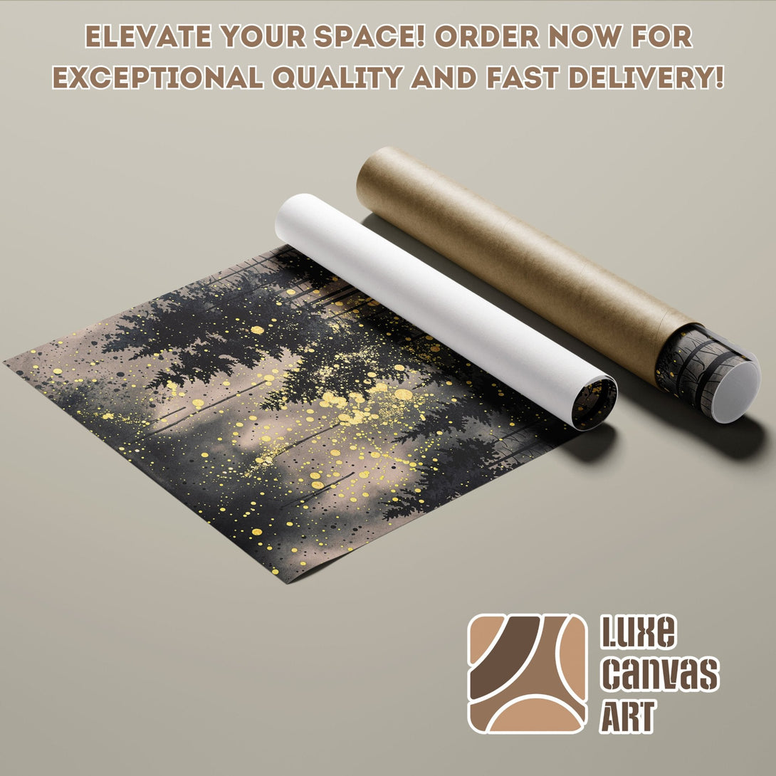 Poster Roll with abstract forest art in black, gold, and neutral tones. Elevate your space!
