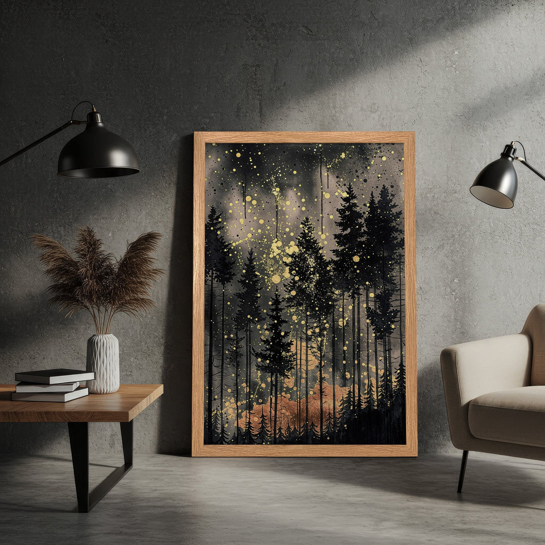Framed Poster featuring a dark forest scene with gold accents. Modern art style, black, gold, and neutral color palette. Elevate your space!