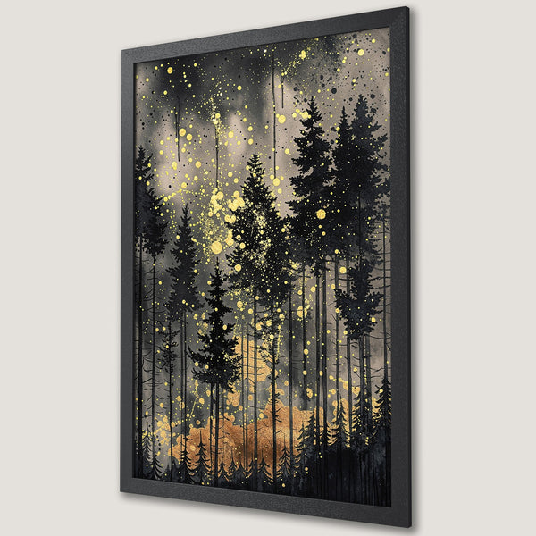Framed Poster of a forest scene in a watercolor style, featuring black trees and gold accents, perfect for home decor.