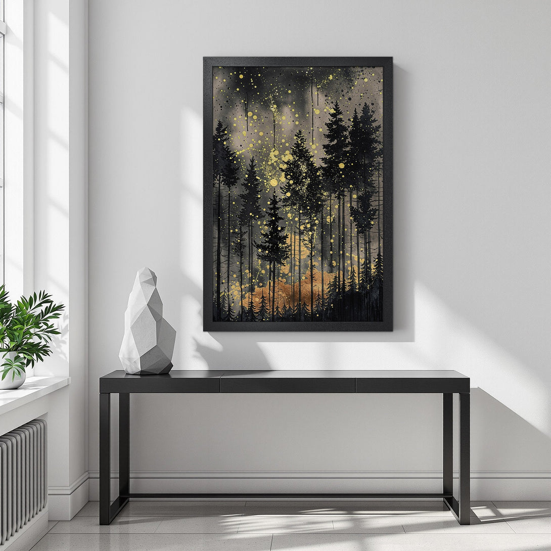 Framed Poster featuring a forest scene in black, gold, and gray tones. Add a touch of nature to your home decor!