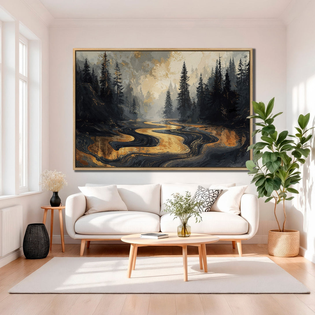 Framed Wall Art: Abstract forest landscape in gold and black. Modern Canvas Print adds a touch of nature and sophistication to any room.