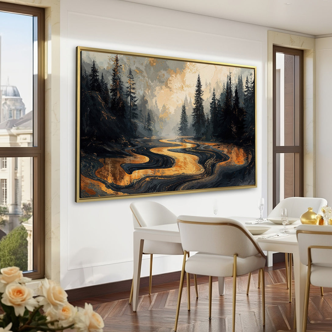 Canvas Print of a serene forest landscape with a river, featuring a gold, black, and gray color palette, perfect for any interior.