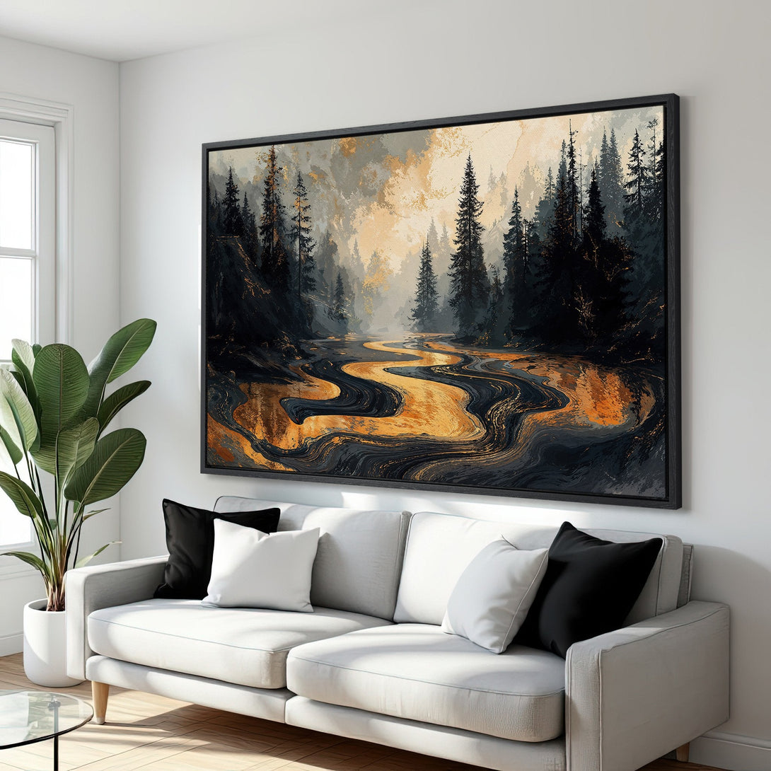 Framed Wall Art: Abstract forest scene in black, gold, and gray tones. Modern canvas print adds a touch of nature to any interior.