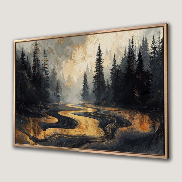 Framed Wall Art: Abstract forest landscape Canvas Print with gold, black, and grey tones. Modern art for your home decor.