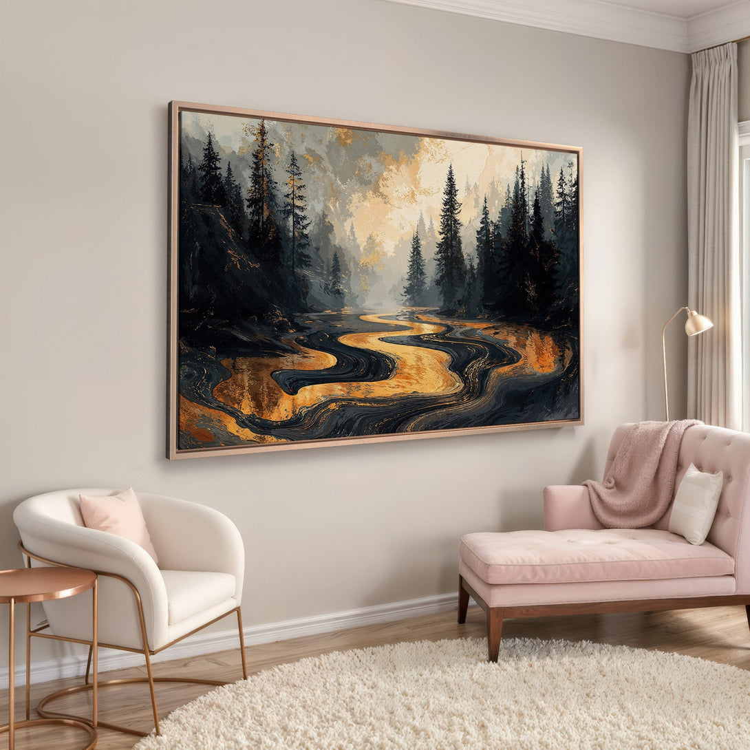Framed Wall Art: Abstract forest landscape in gold and black. Modern art canvas print for living room decor.