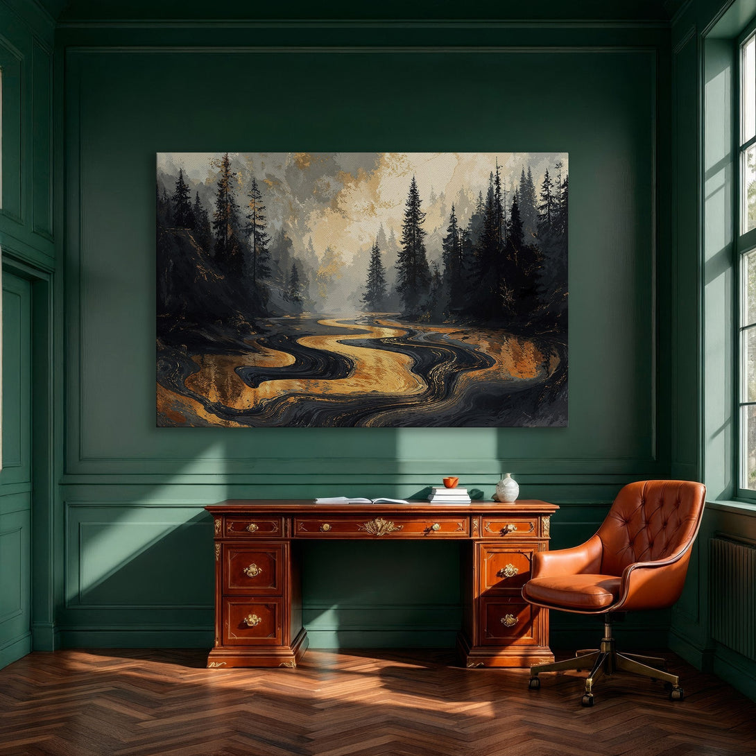 Framed Wall Art: Abstract forest landscape in gold, black, and gray tones. Modern art for home decor, displayed in a dining room setting.