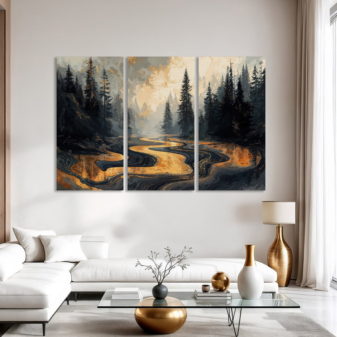Canvas Print of a serene forest scene with a golden river, in a modern abstract style, featuring dark blues, golds, and grays.