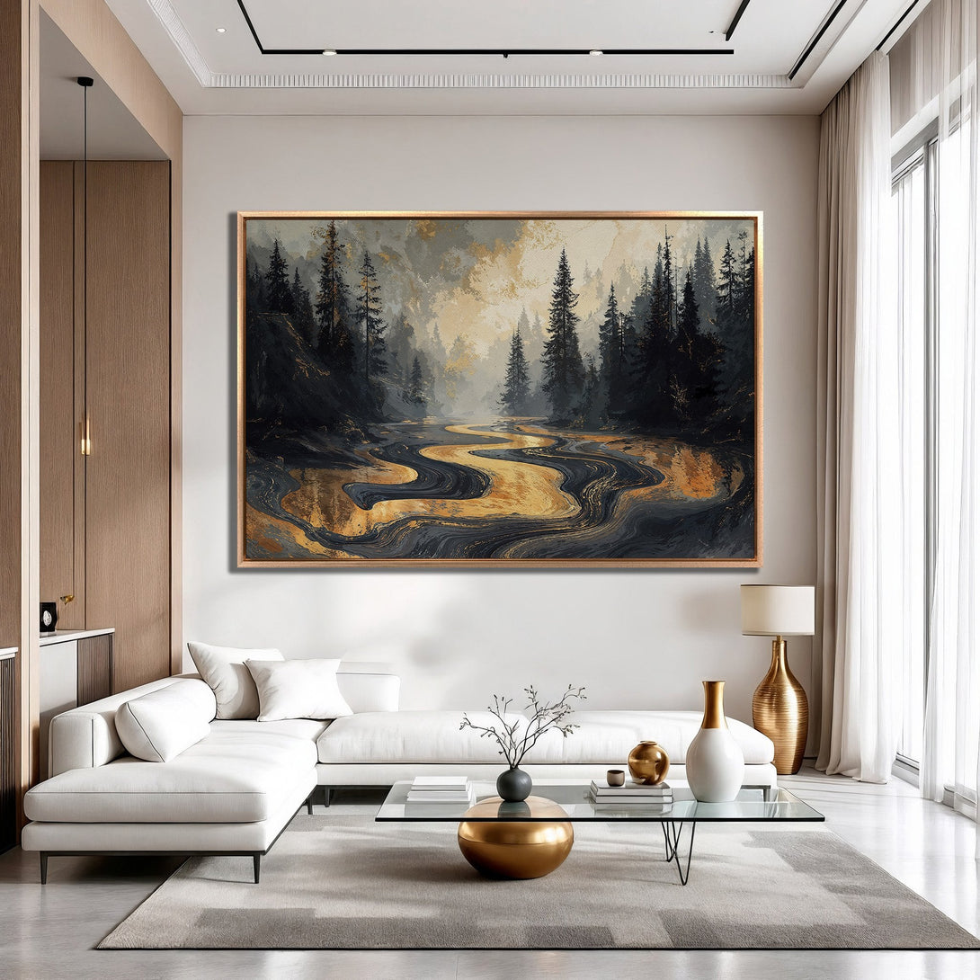 Framed Wall Art: Abstract forest landscape in black, gold, and gray tones. Modern art for living room decor. Enhance your space with this canvas print.