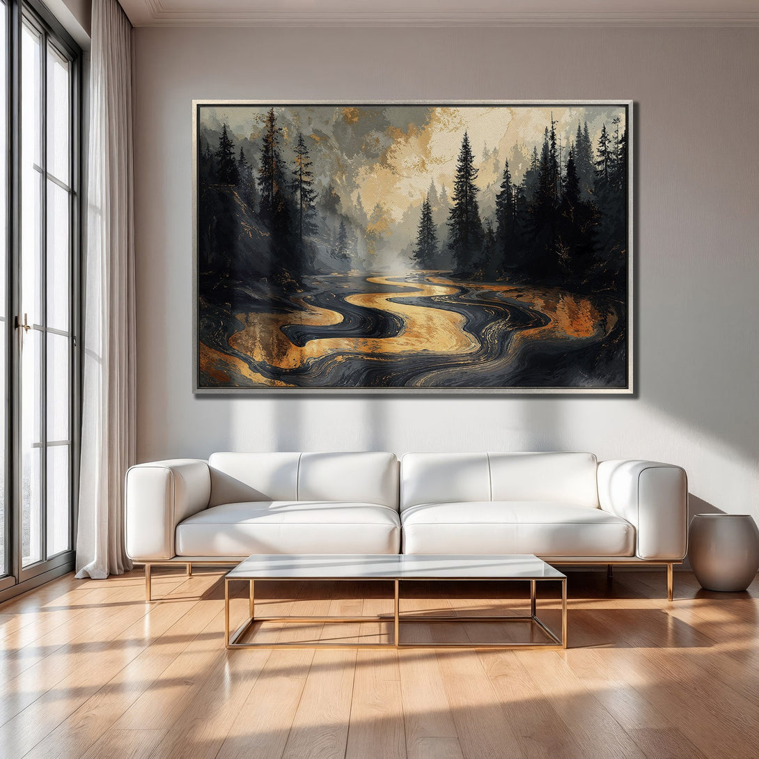 Framed Wall Art: Abstract forest scene in black, gold, and gray tones. Modern canvas print adds a touch of luxury to living room decor.