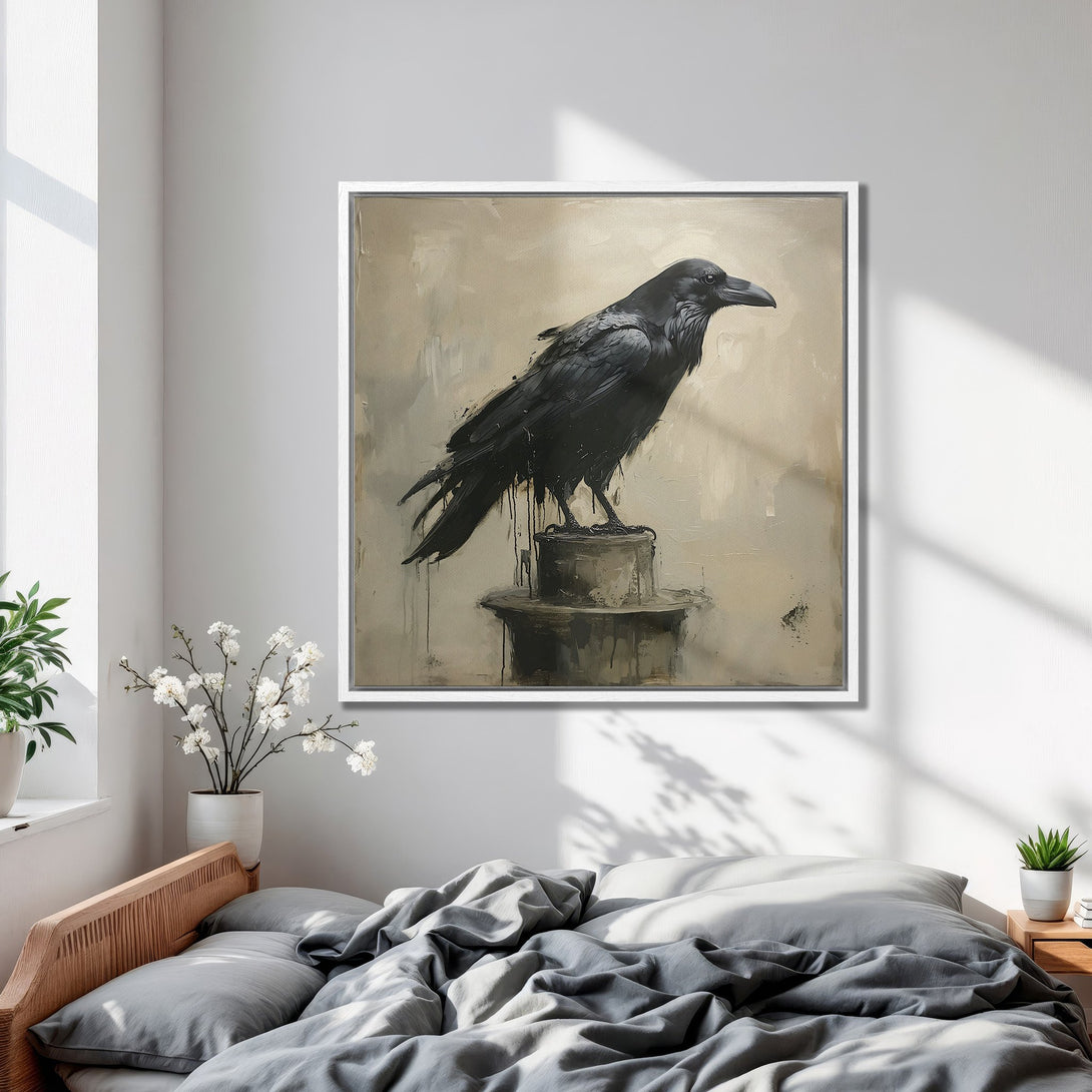Framed Wall Art: Black raven painting in a neutral palette. Modern art for bedroom decor. Add a touch of mystery to your space.