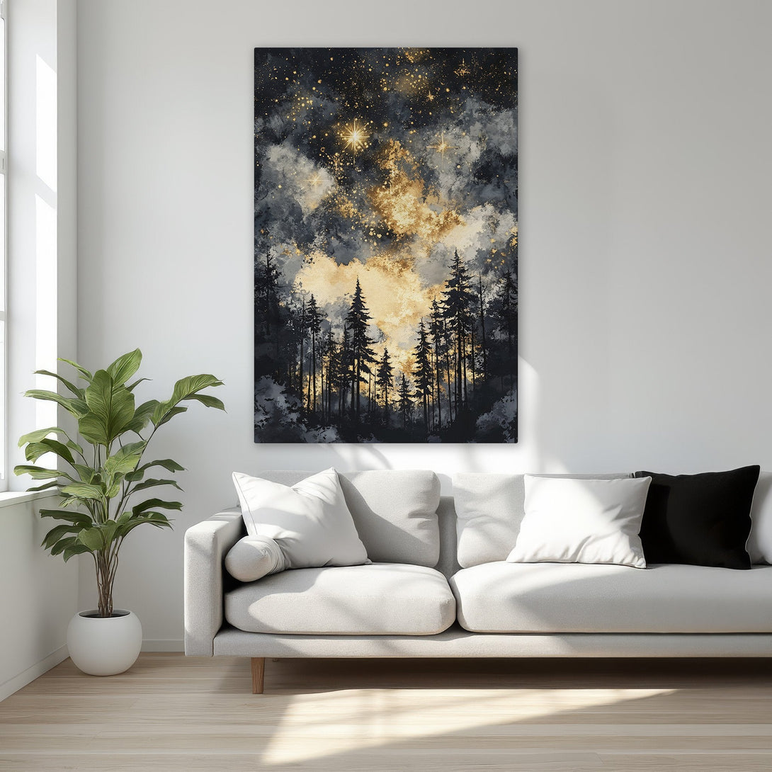 Framed Wall Art: Abstract forest scene in gold, black, and gray. Modern canvas print adds a touch of luxury to any space.