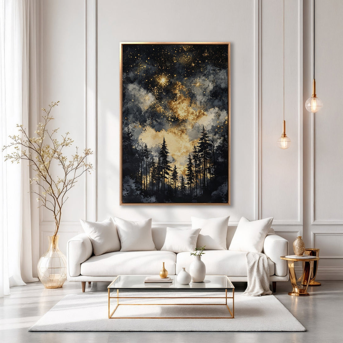 Framed Wall Art: Abstract forest scene in gold, black, and gray tones. Modern canvas print adds elegance to any interior. Shop now!
