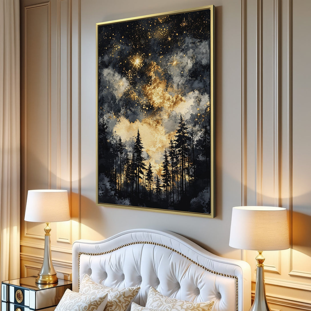 Canvas Print: Forest landscape art in a modern style with a dark, gold, and gray color palette. Perfect for living room decor.