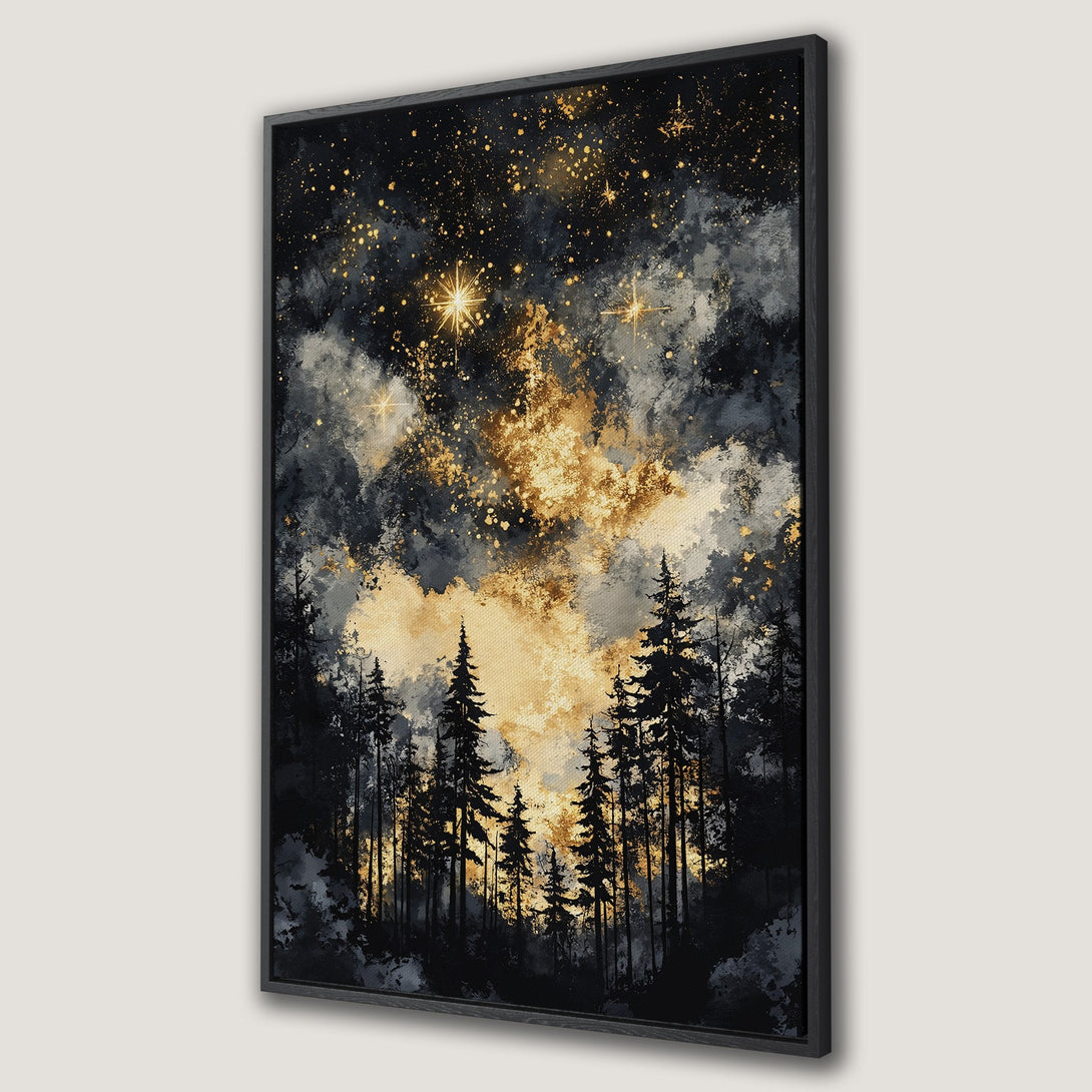 Framed Wall Art: Stunning night forest scene with gold and black accents. Abstract style Canvas Print adds a touch of magic to any space.