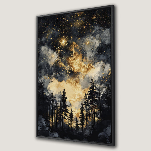 Framed Wall Art: Stunning night forest scene with gold and black accents. Abstract style Canvas Print adds a touch of magic to any space.