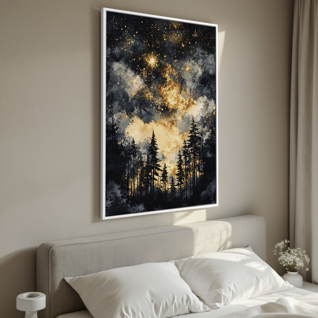 Framed Wall Art: Abstract forest scene in dark blues, gold, and black. Modern art canvas print for bedroom decor.