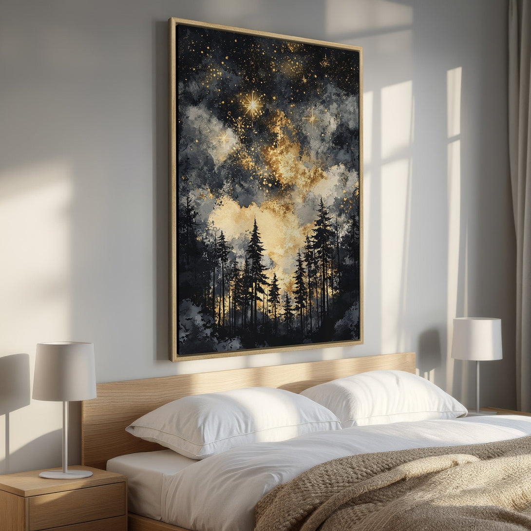 Framed Wall Art featuring a starry forest scene in a moody, abstract style. Dark blues, grays, and gold create a stunning, modern aesthetic.