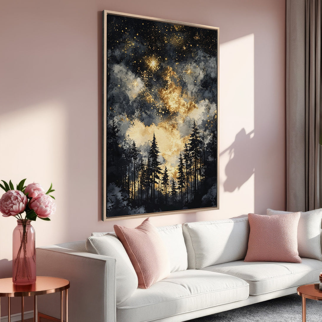 Framed Wall Art: Abstract forest scene in gold, black, and gray tones. Modern canvas print adds a touch of nature to any room. Shop now!
