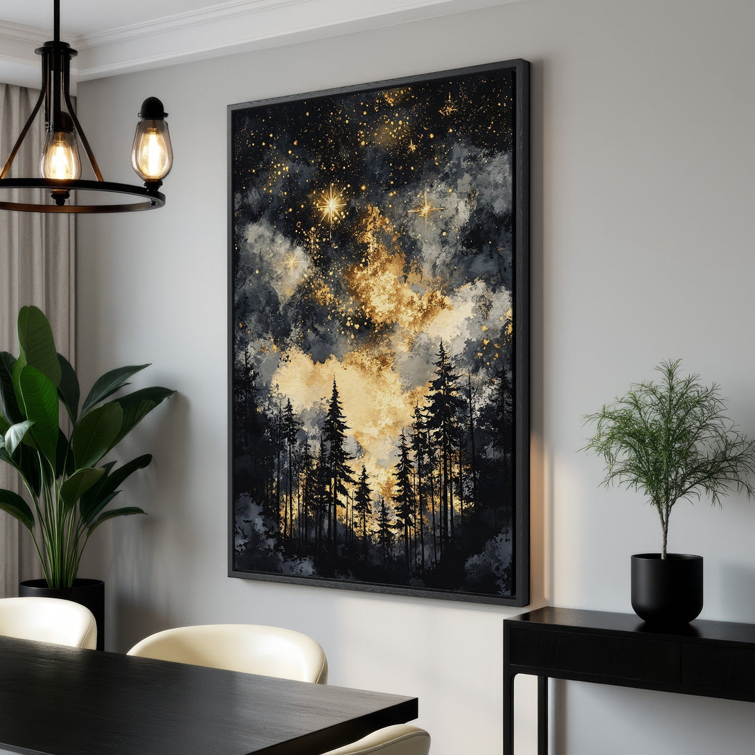Framed Wall Art: Abstract forest landscape in black, gold, and gray. Modern canvas print adds a touch of nature and elegance to any interior.