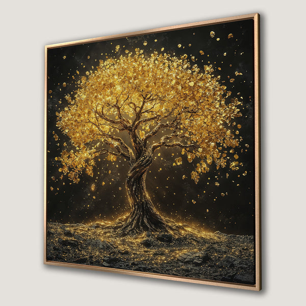 Framed Wall Art: Stunning golden tree against a dark backdrop. Modern art print with gold and black color palette. Elevate your space with this canvas print.