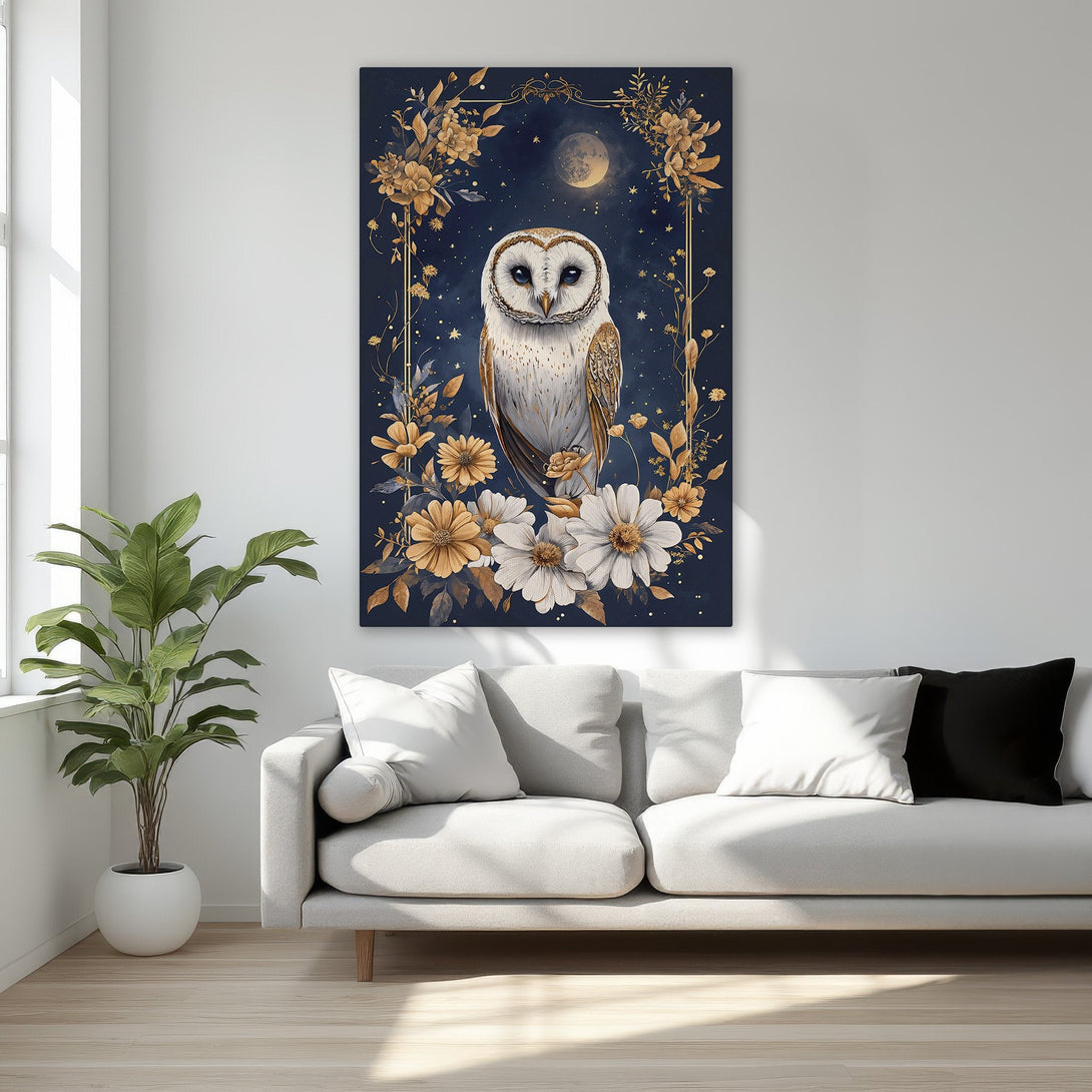 Framed Wall Art featuring a majestic owl in a floral, night-sky design. Elegant gold, navy, and white color palette. Perfect for a sophisticated bedroom.
