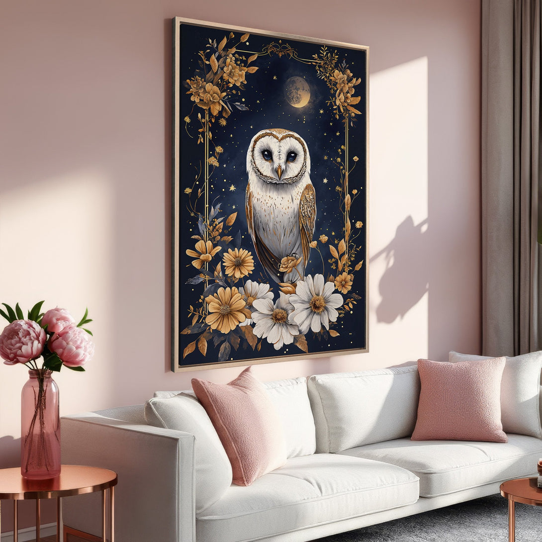 Framed Wall Art featuring a majestic owl in a floral design with a dark blue and gold color palette. Perfect for adding a touch of elegance to your home.