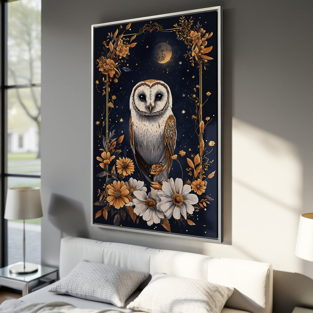 Framed Wall Art: Majestic owl portrait with floral accents, set against a navy blue backdrop. Warm gold and white color palette. Perfect for a bedroom.