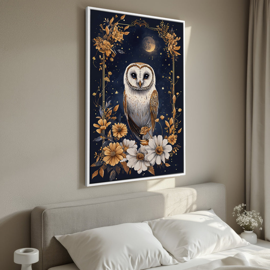 Framed Wall Art: Majestic owl art print in a floral design with a dark blue and gold color palette. Perfect for bedroom decor.