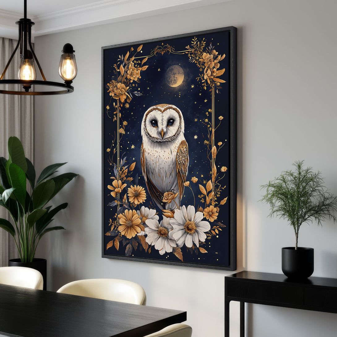 Framed Wall Art: Majestic owl art print with floral accents. Rich navy blue, gold, and white color palette. Perfect for adding elegance to any space.