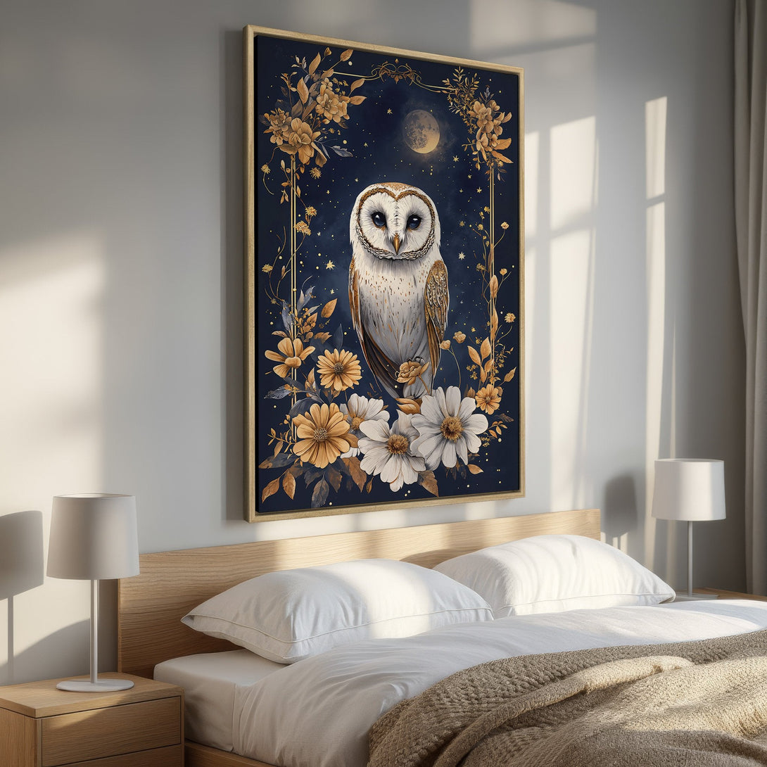 Framed Wall Art featuring a majestic owl in a floral, celestial design. Elegant, nature-inspired art with a navy, gold, and white color palette. Perfect for bedroom decor.