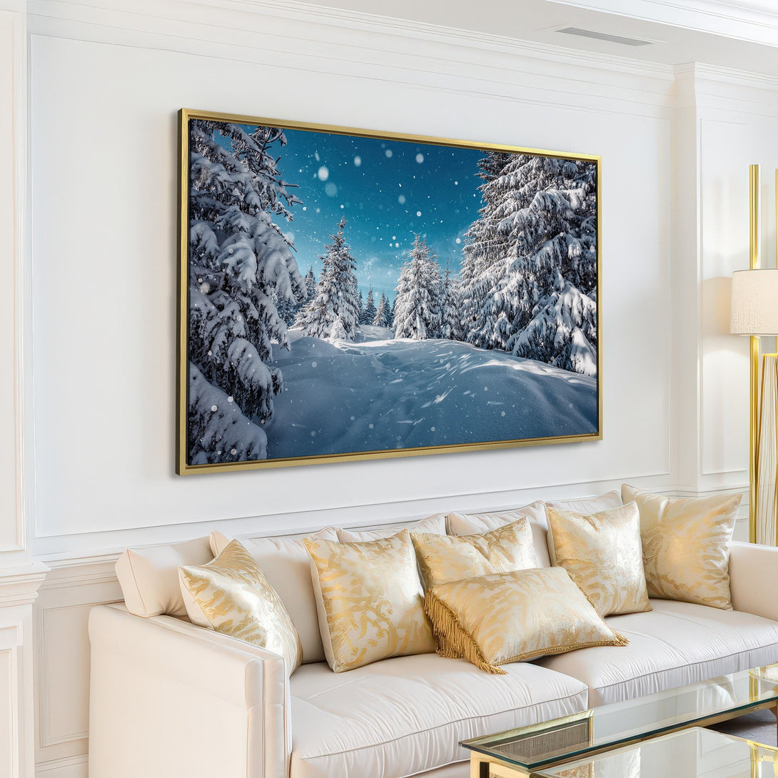 Canvas Print of a snowy winter forest scene, blue and white color palette, displayed in a modern living room.