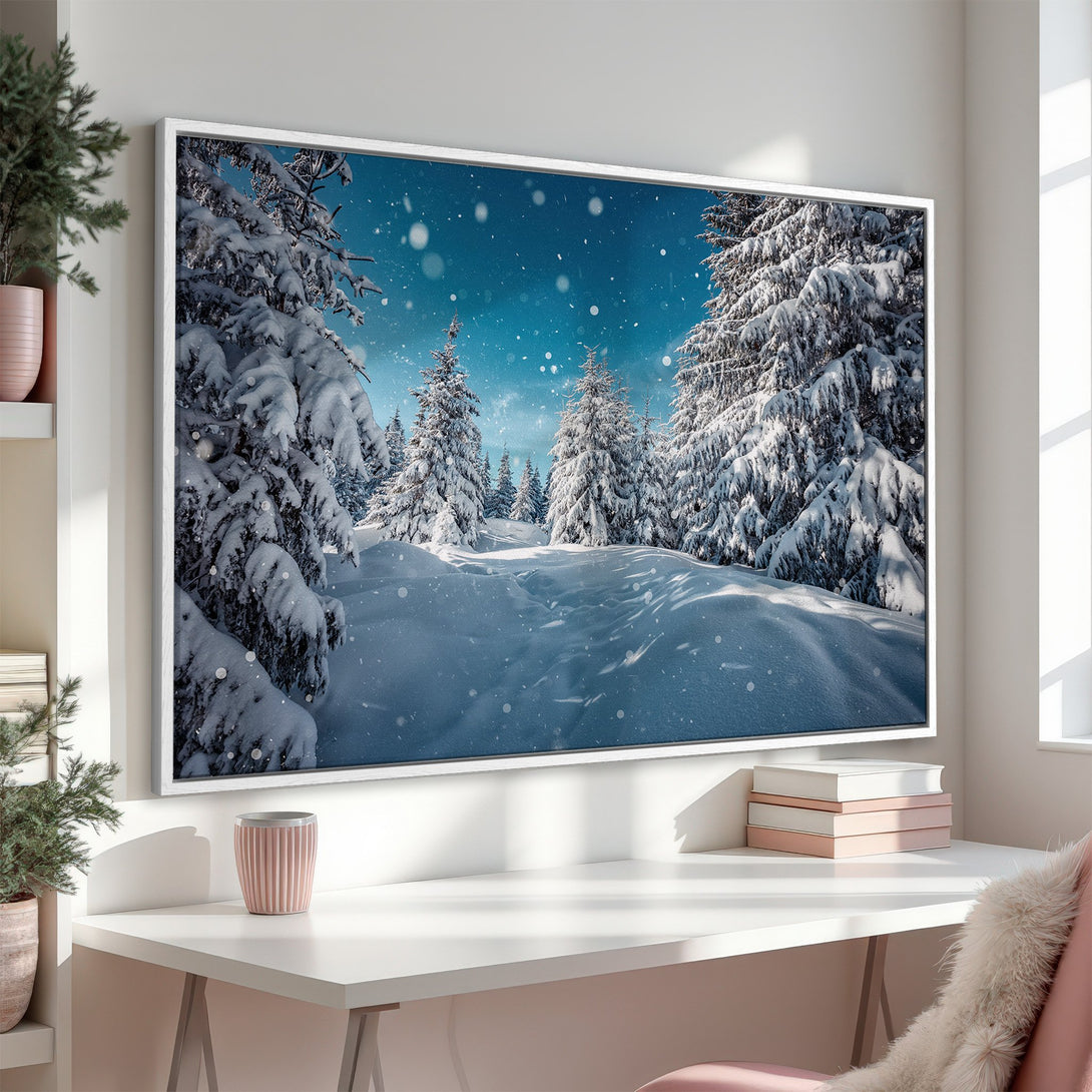 Framed Wall Art: Winter forest scene Canvas Print with snowy trees, blue sky, and white frame. Perfect for adding a touch of nature to your home decor.