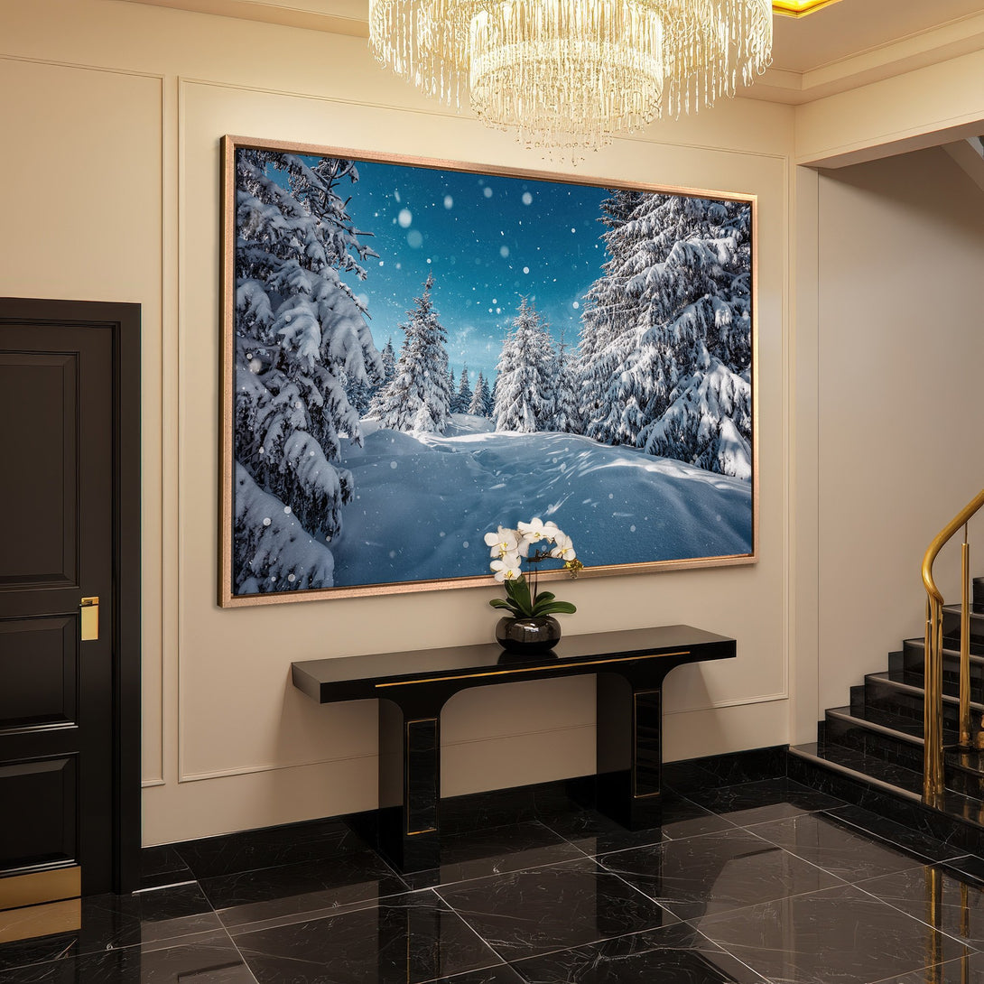 Framed Wall Art: Winter forest scene in blue & white. Add a touch of nature to your home with this stunning canvas print.